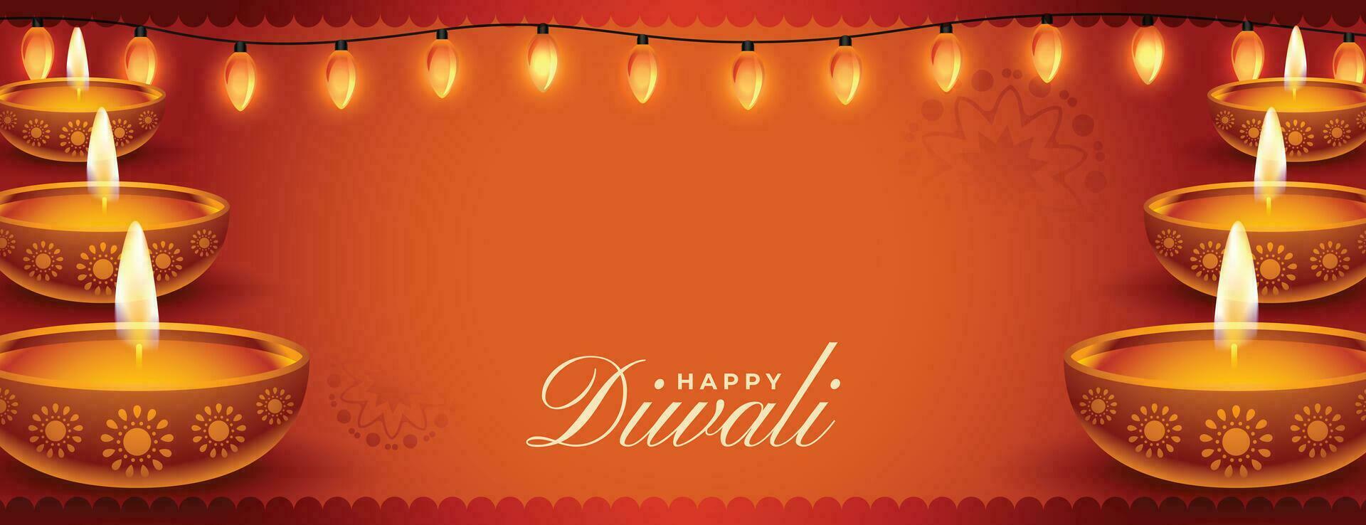 realistico contento Diwali Festival bandiera con luci e diya decorazione vettore