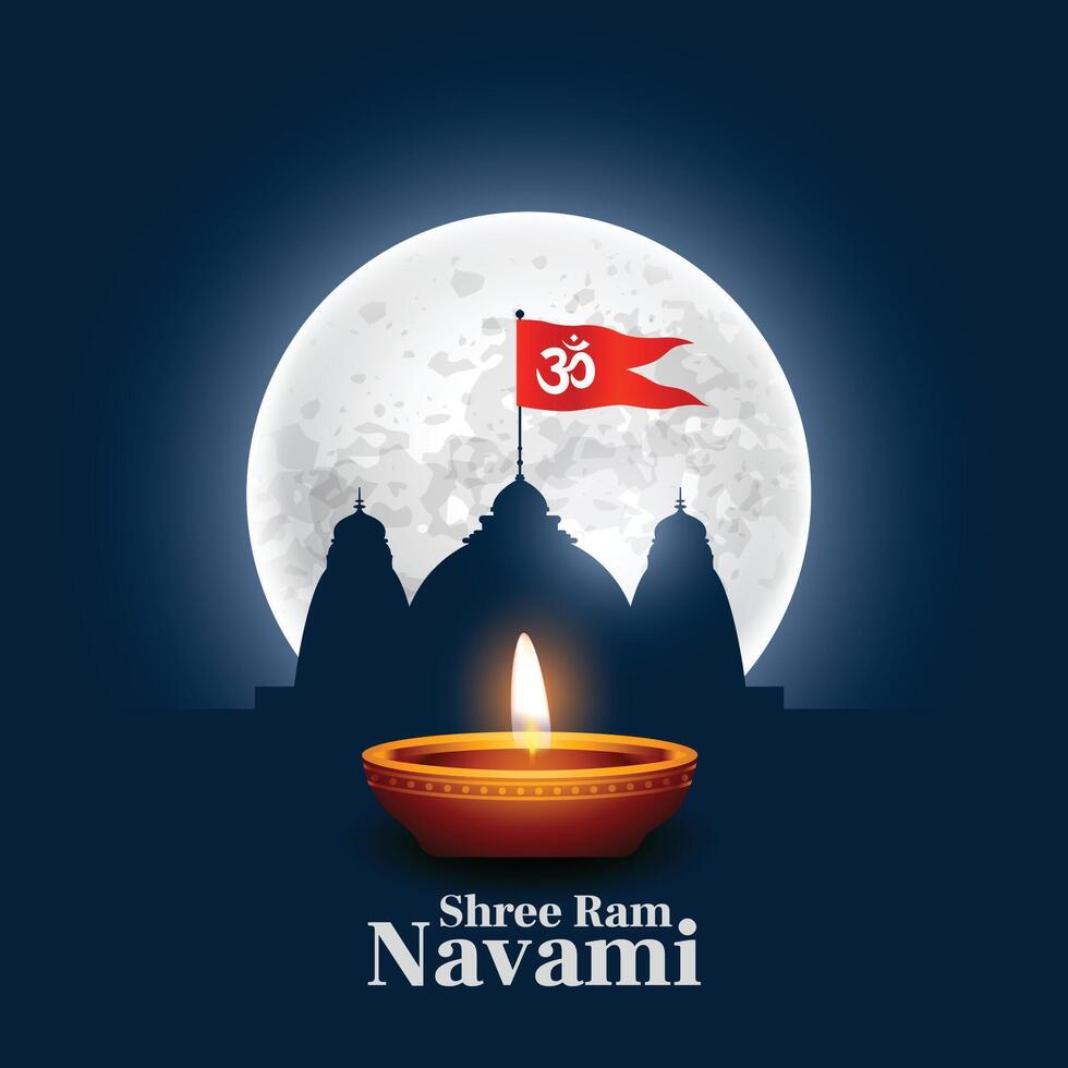 Shree montone navami auguri carta con tempio e diya vettore