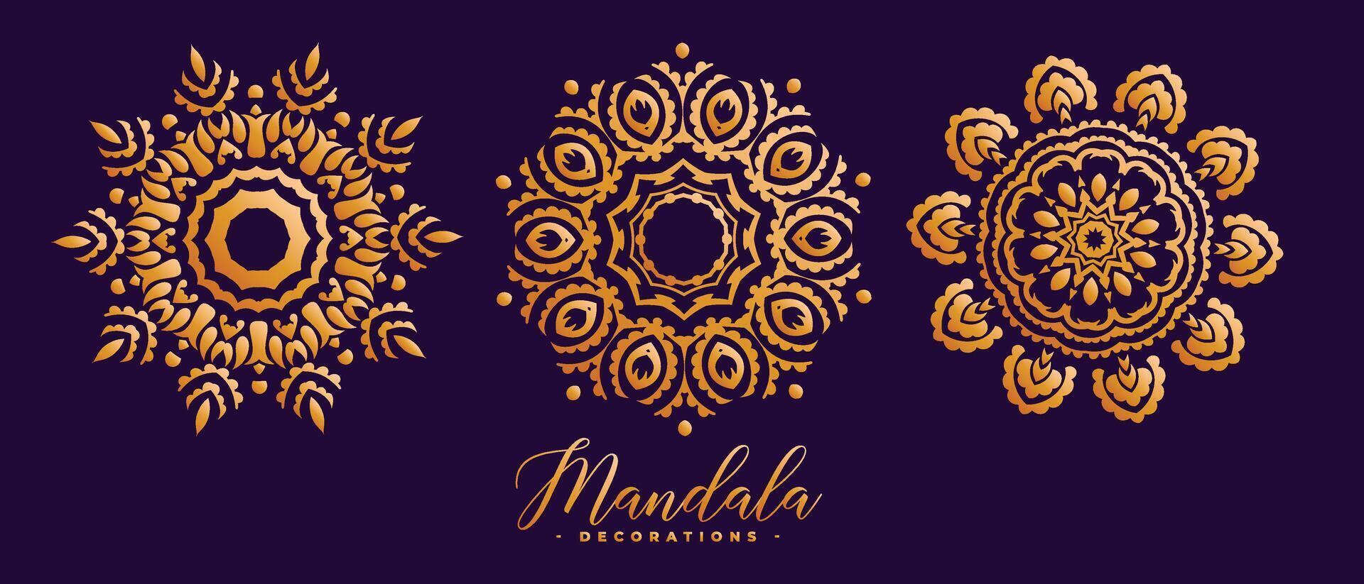 tre decorativo d'oro mandala modello impostato vettore