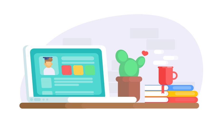 Banner di educazione online. Scrivania con computer portatile, cactus, caffè, utente finestra. Illustrazione piatta vettoriale
