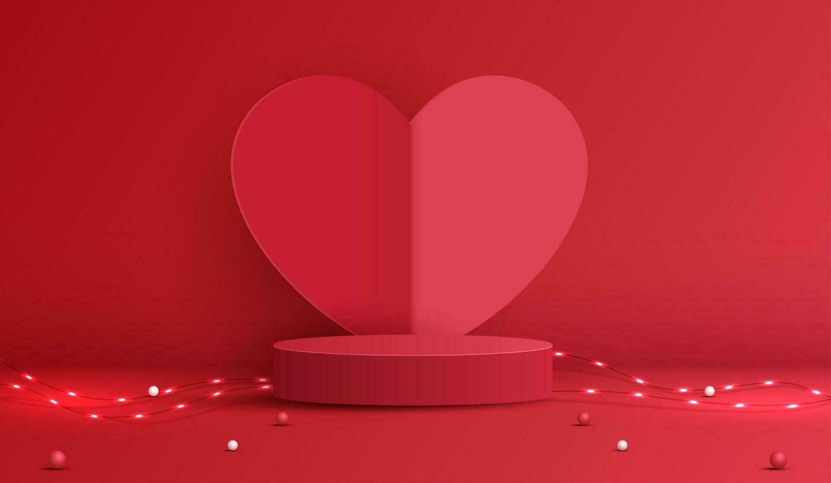 contento san valentino giorno e palcoscenico podio decorato con cuore forma illuminazione. piedistallo scena con per Prodotto, cosmetici, pubblicità, mostrare, premio cerimonia, su rosso sfondo e luce. vettore design.