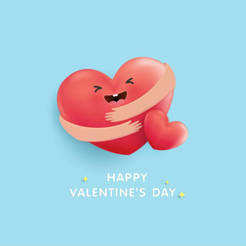 contento San Valentino giorno, icona cuore simbolo amore. cuori abbracciare ogni Altro. carino cuori rosso cartone animato su blu sfondo. vettore illustrazione design.