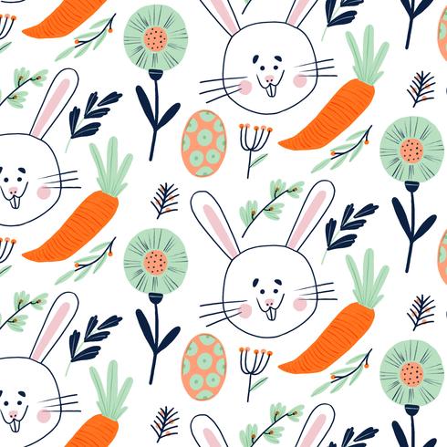 Carino modello di Pasqua con coniglietto, uova, carote e elementi floreali vettore