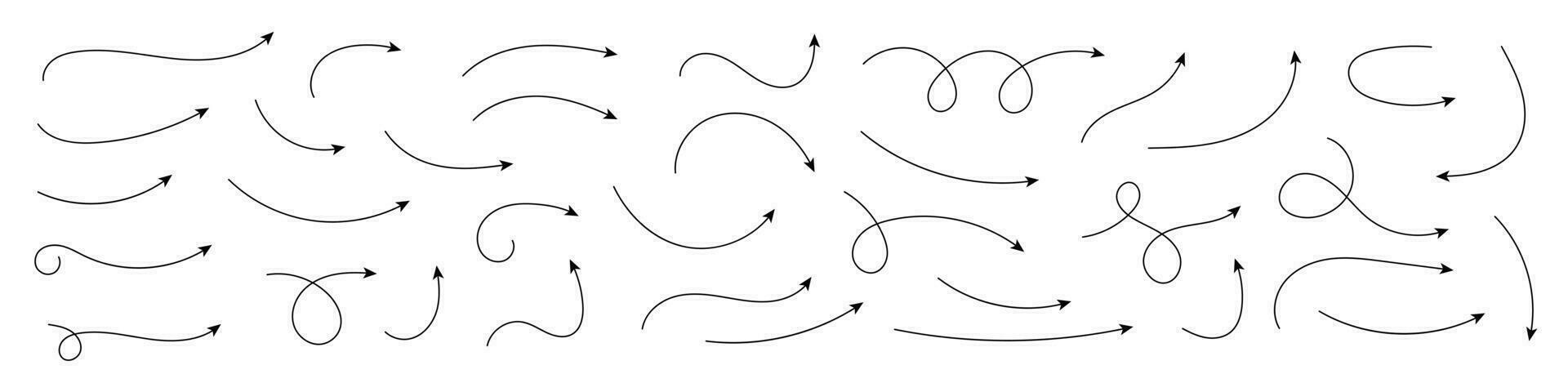 set di frecce curve vettoriali disegnate a mano. schizzo stile scarabocchio. raccolta di indicazioni.