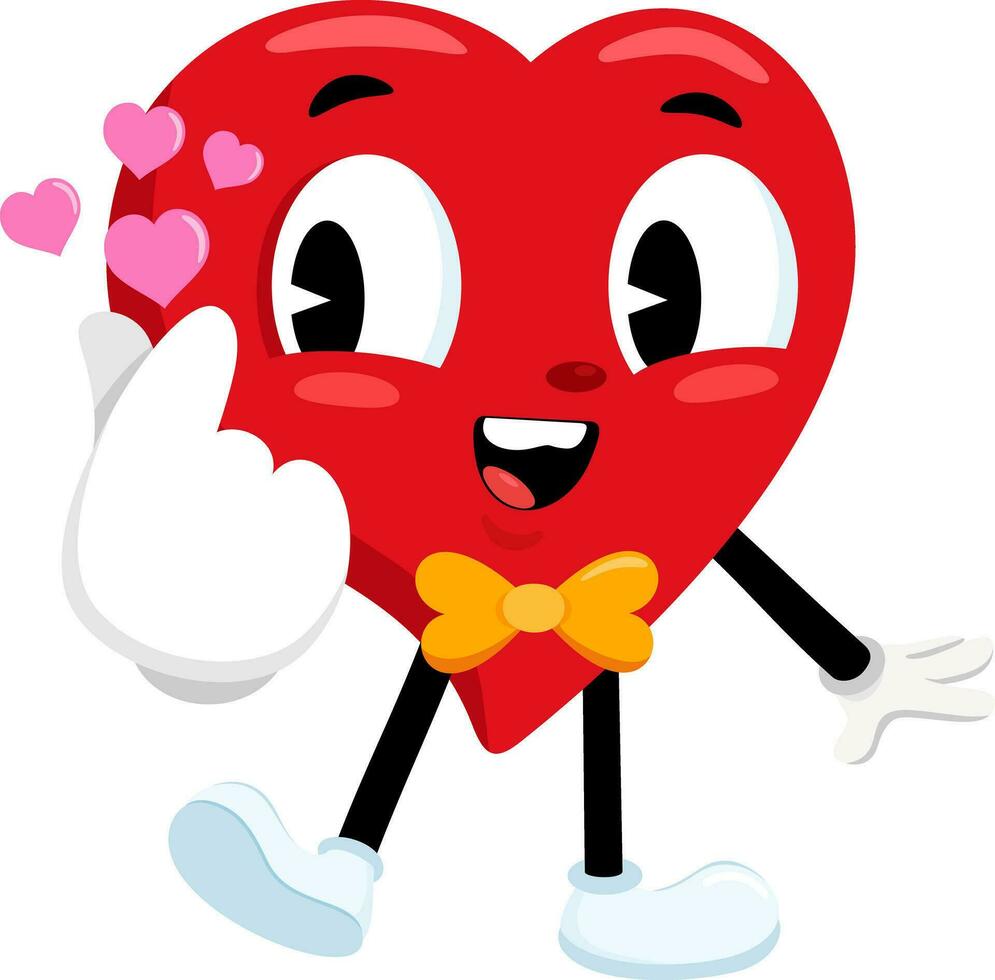 carino rosso cuore retrò cartone animato personaggio rendere mini cuore amore cartello con dita vettore