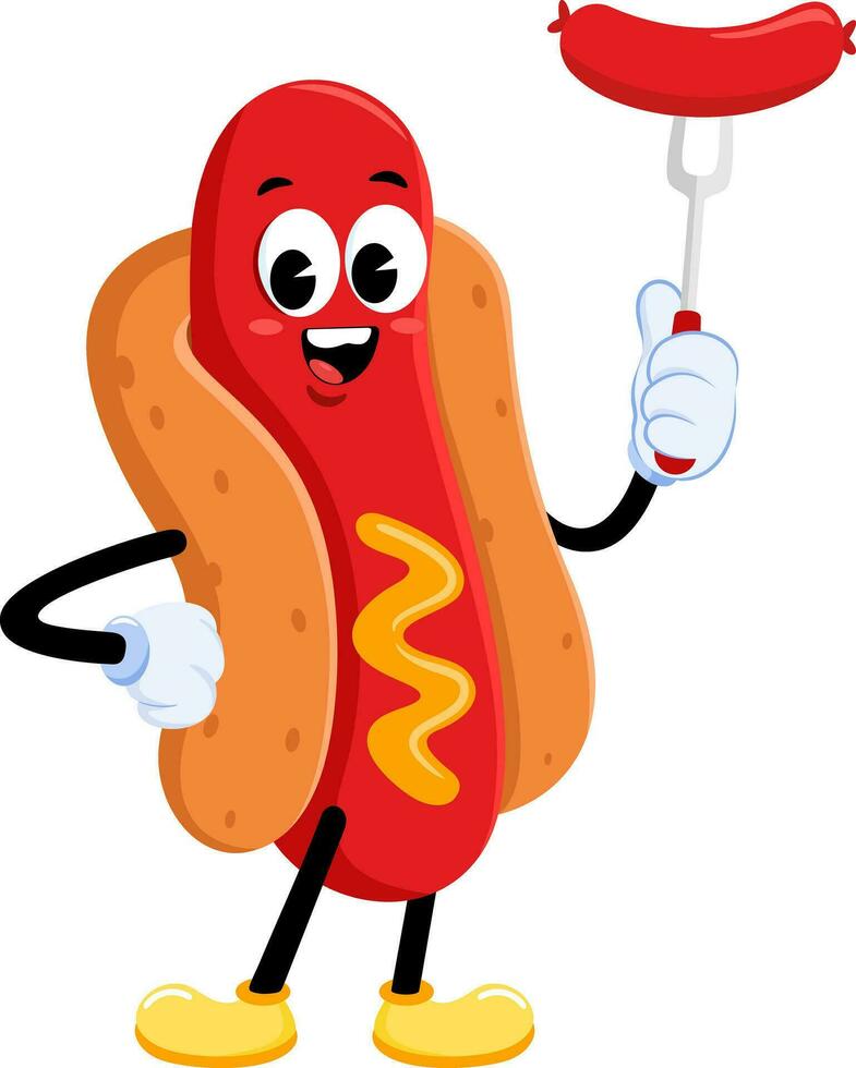 contento hot dog retrò cartone animato personaggio Tenere salsiccia su forchetta vettore