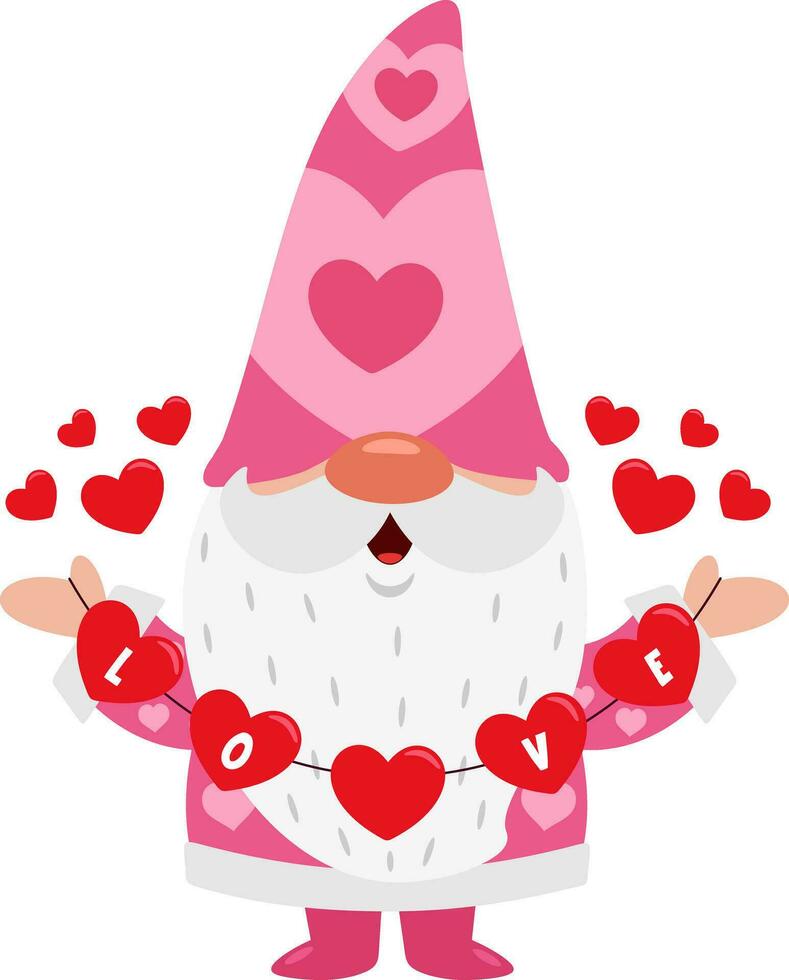 carino San Valentino gnomo cartone animato personaggio Tenere cuori con testo amore vettore