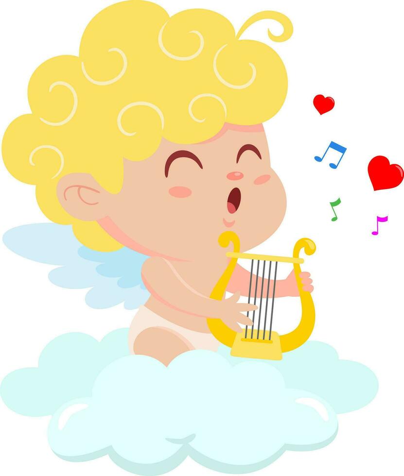 carino Cupido angelo cartone animato personaggio cantare un' amore canzone con arpa al di sopra di nuvole vettore