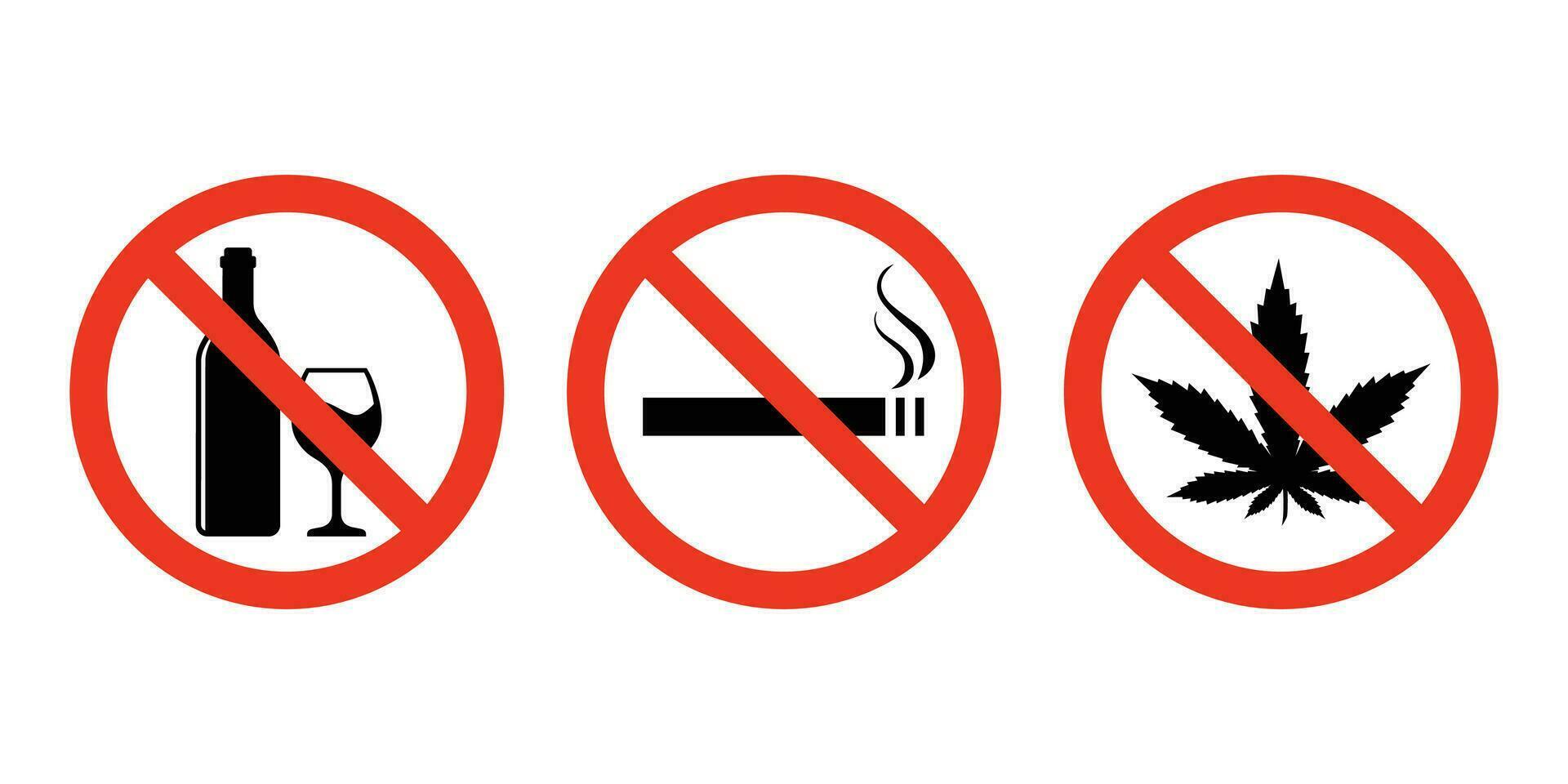 impostato di Proibito segni simbolo. no alcol, no fumare, no droghe, vettore icona illustrazione.