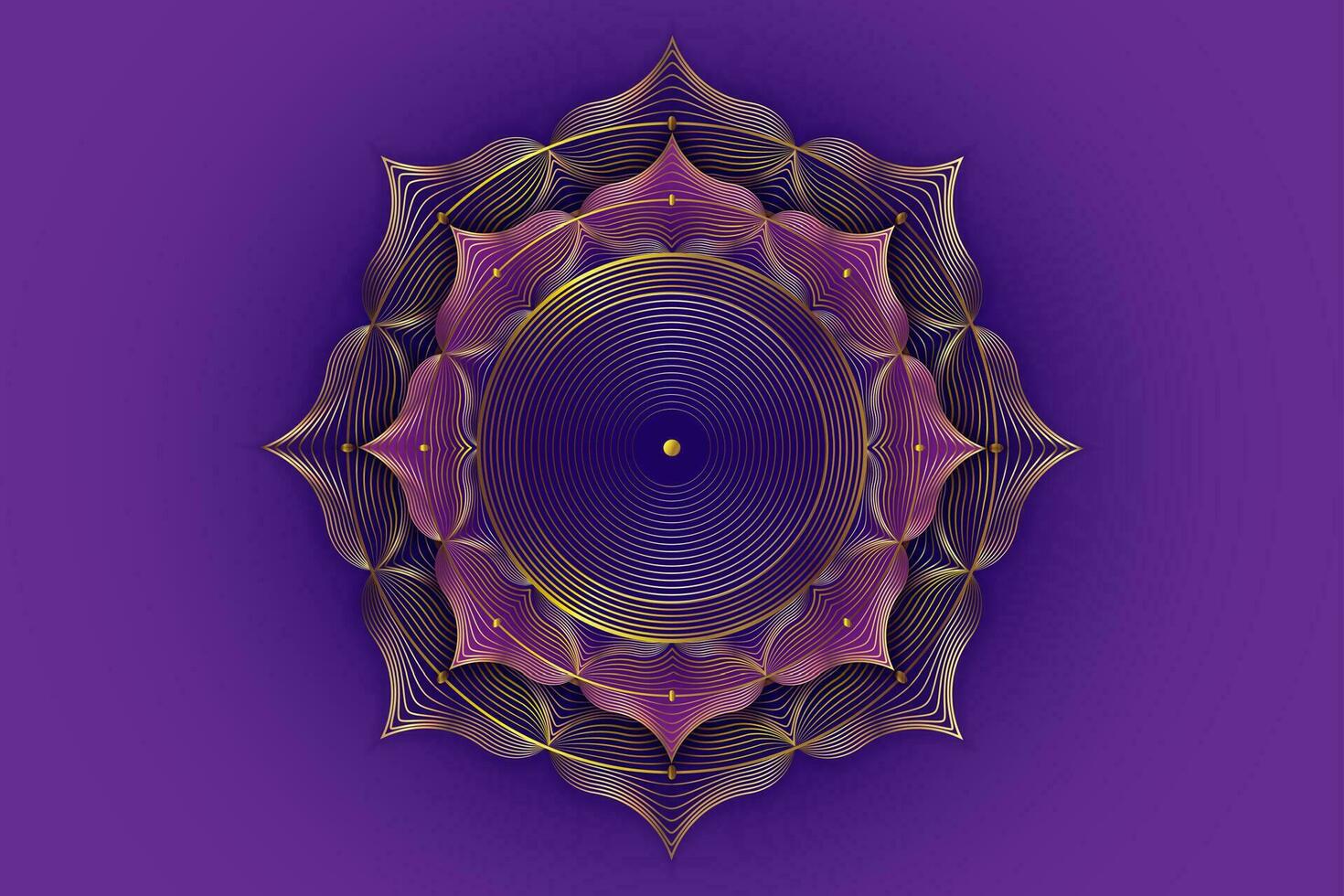 oro loto fiore, spirituale mandala, sacro geometria. luminosa d'oro loto simbolo di armonia e equilibrio, settimo chakra. mistico talismano, lusso il giro vettore isolato su viola sfondo