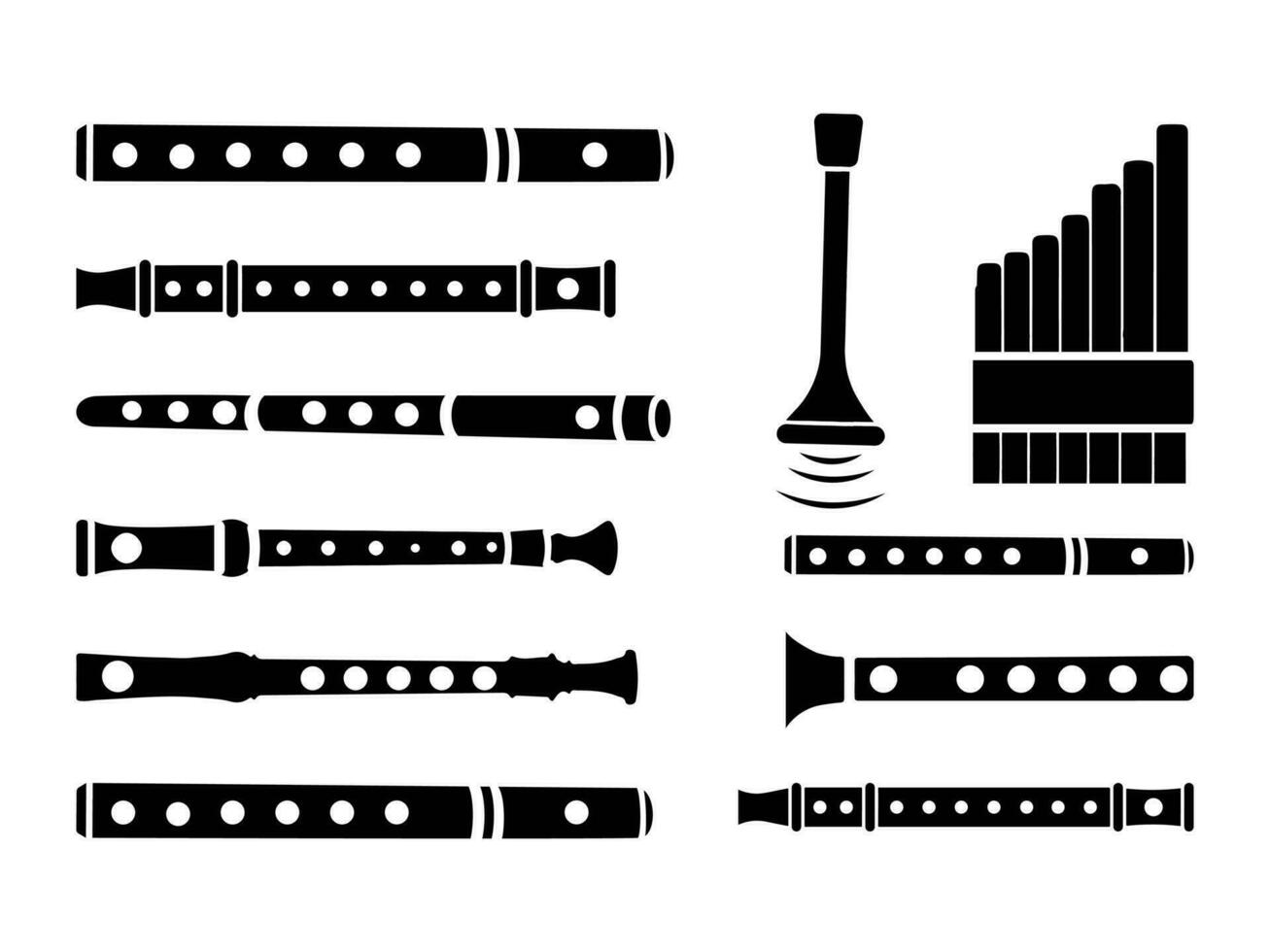flauto strumento vettore illustrazione grande clip arte collezione. flauto strumento musica elementi, flauto musicale suono sistema. flauto strumento isolato arte cartone animato silhouette, flauto giocare vettore impostare.