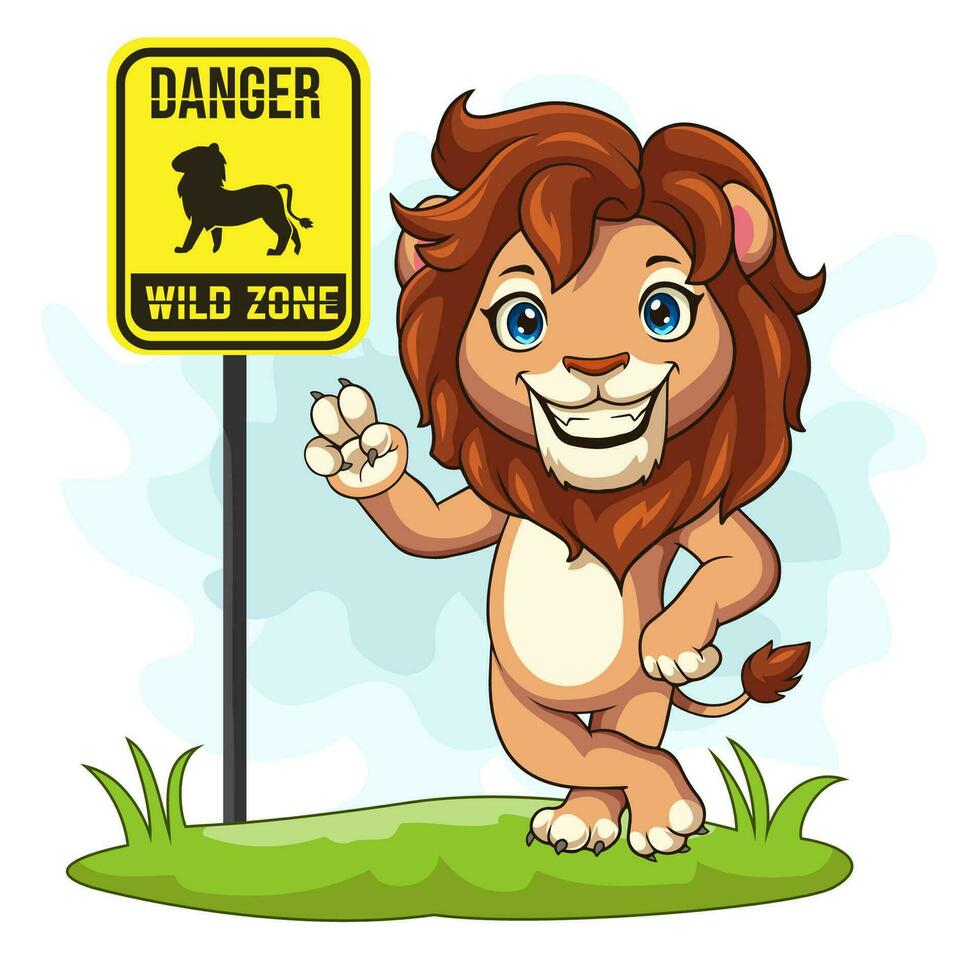 cartone animato Leone solleva Due dita con un' avvertimento cartello vettore
