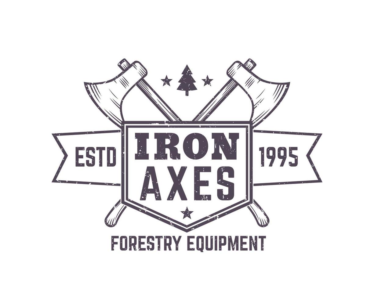 logo vintage di attrezzature forestali, emblema, distintivo con asce da boscaiolo vettore