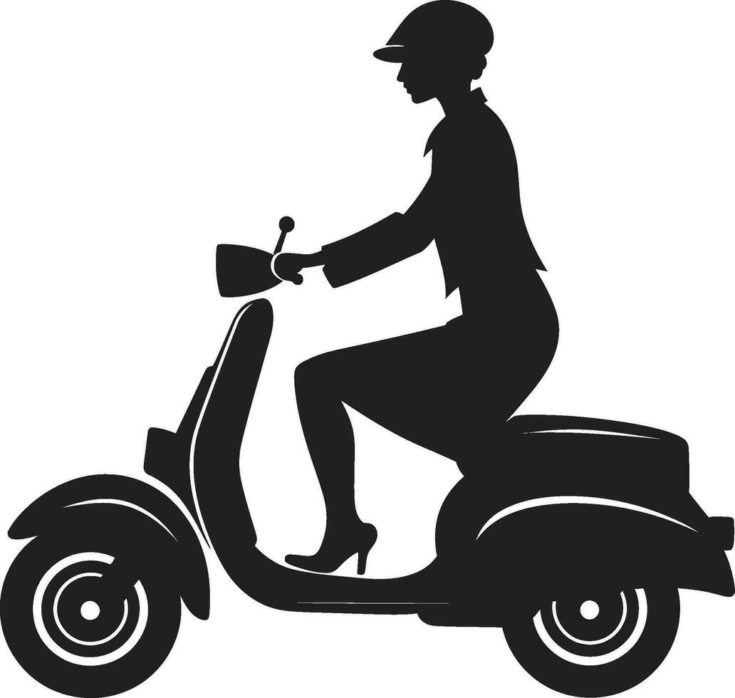 scooterista elegante viaggio scooter vettore icona paesaggio urbano di moda rotazione nero vettore simbolo