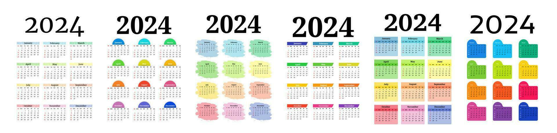 impostato di sei calendari per 2024 isolato su un' bianca sfondo. Domenica per lunedì, attività commerciale modello. vettore illustrazione