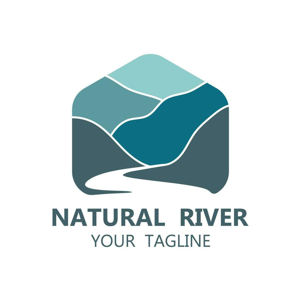 fiume logo con combinazione di montagne e terreni agricoli con vettore concetto design. logo per molti genere di attività commerciale, viaggio agenzia e natura fotografo