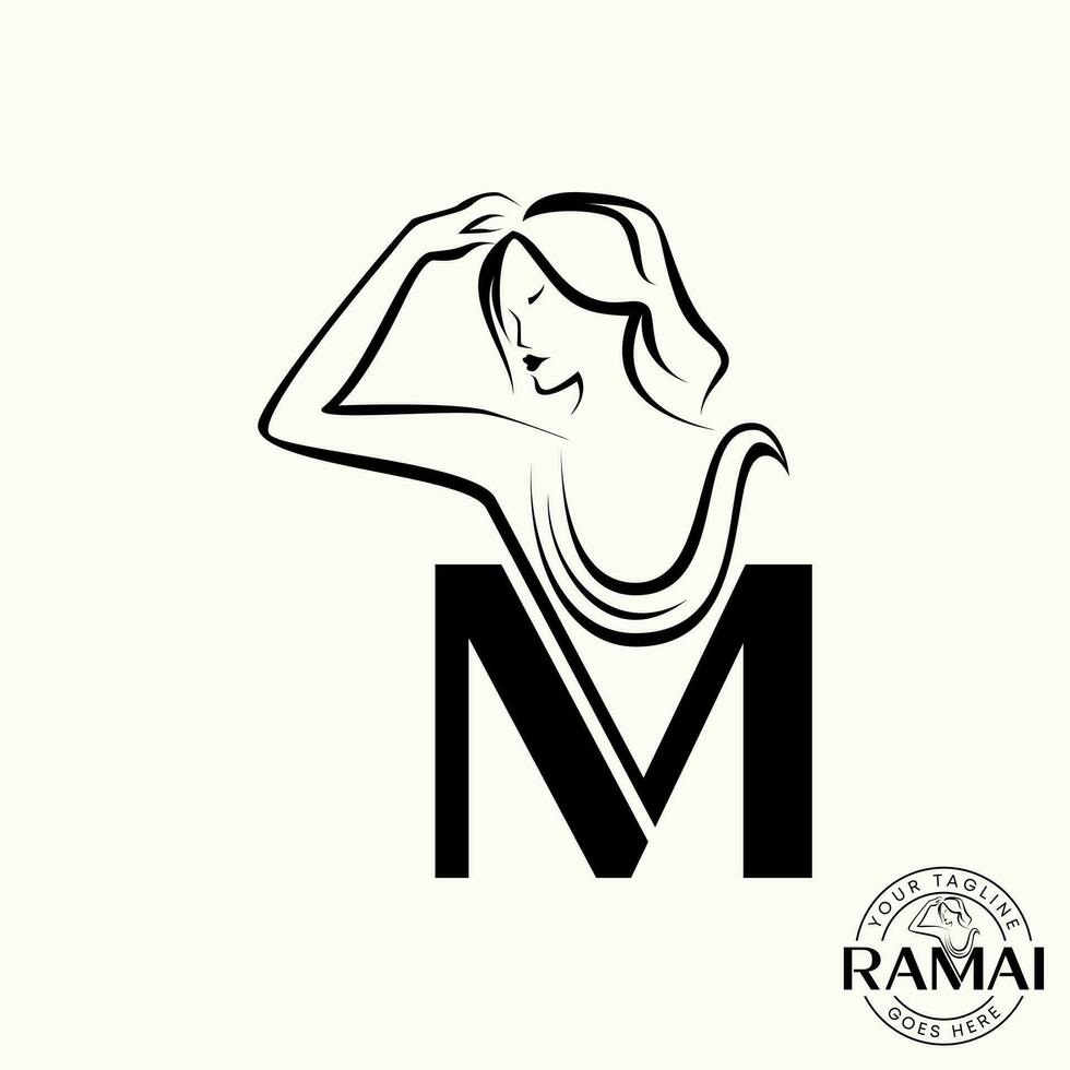 logo design grafico concetto creativo astratto premio vettore azione lettera iniziale m font con linea arte posa donna. relazionato per bellezza moda stile di vita