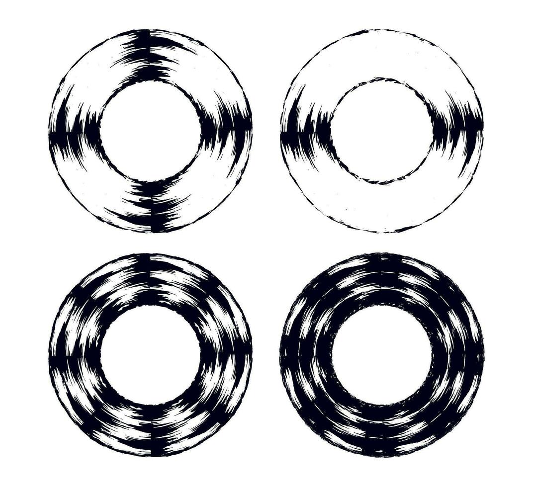 quattro cerchi con diverso forme su cerchio spazzola ictus grunge cerchi impostato di spazzola ictus vettore impostato