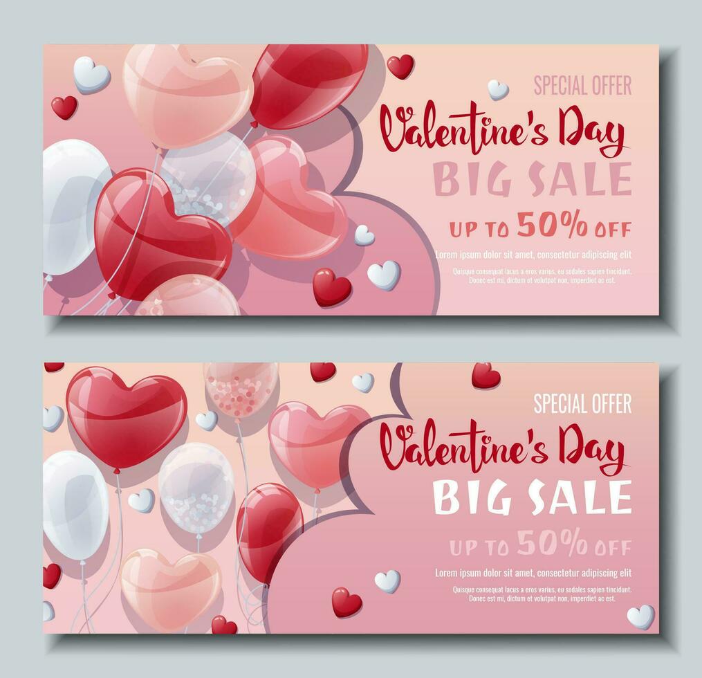 impostato di banner per San Valentino S giorno. sfondo, manifesto, aviatore con un' mazzo di palloncini con un' cuore. sconto voucher; tagliando modello per amore giorno, nozze vettore