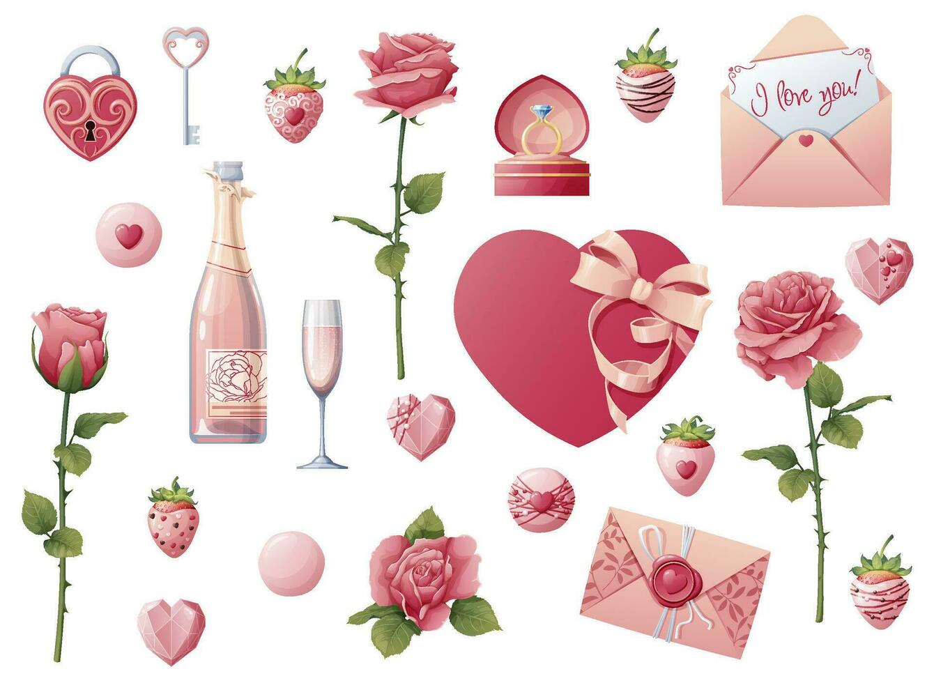 impostato di elementi per San Valentino giorno, nozze. clip arte per vacanza carte, striscioni, volantini. adesivi di Rose, Champagne, fragole su un isolato sfondo. vettore