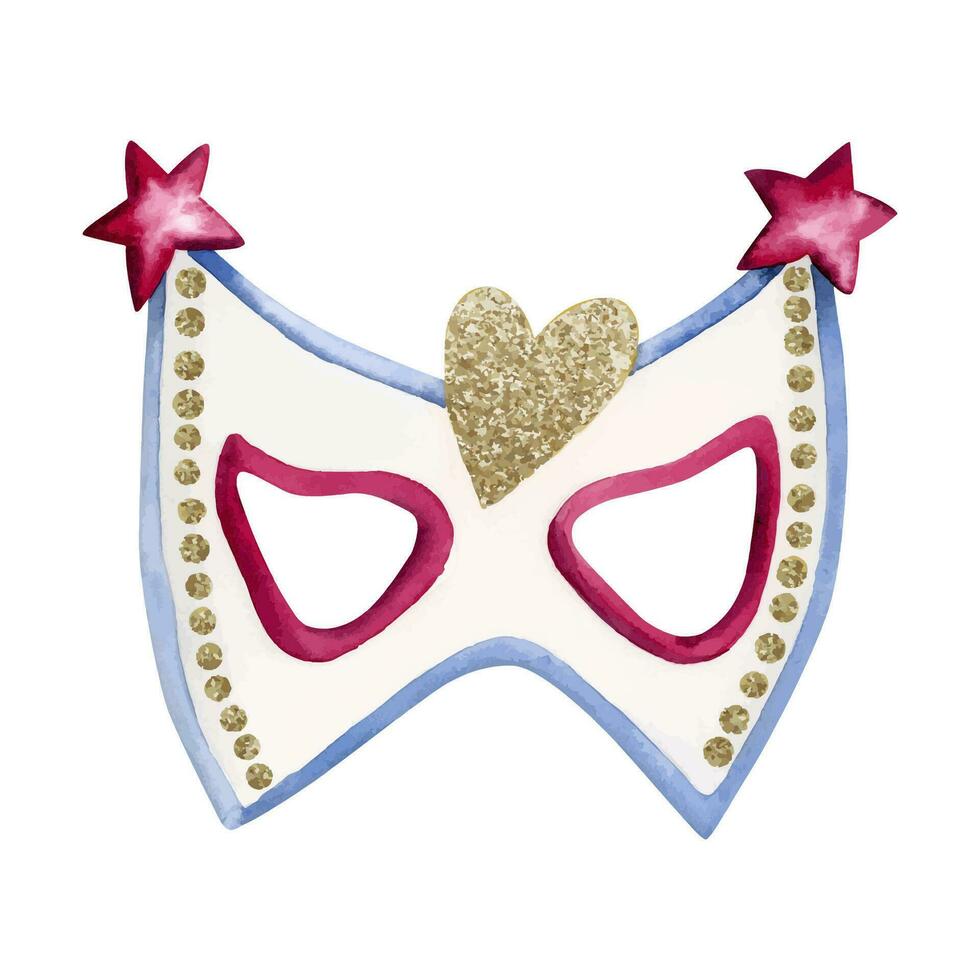 Purim viso maschera bianca, blu, magenta rosso, oro con cuore e stelle acquerello vettore illustrazione