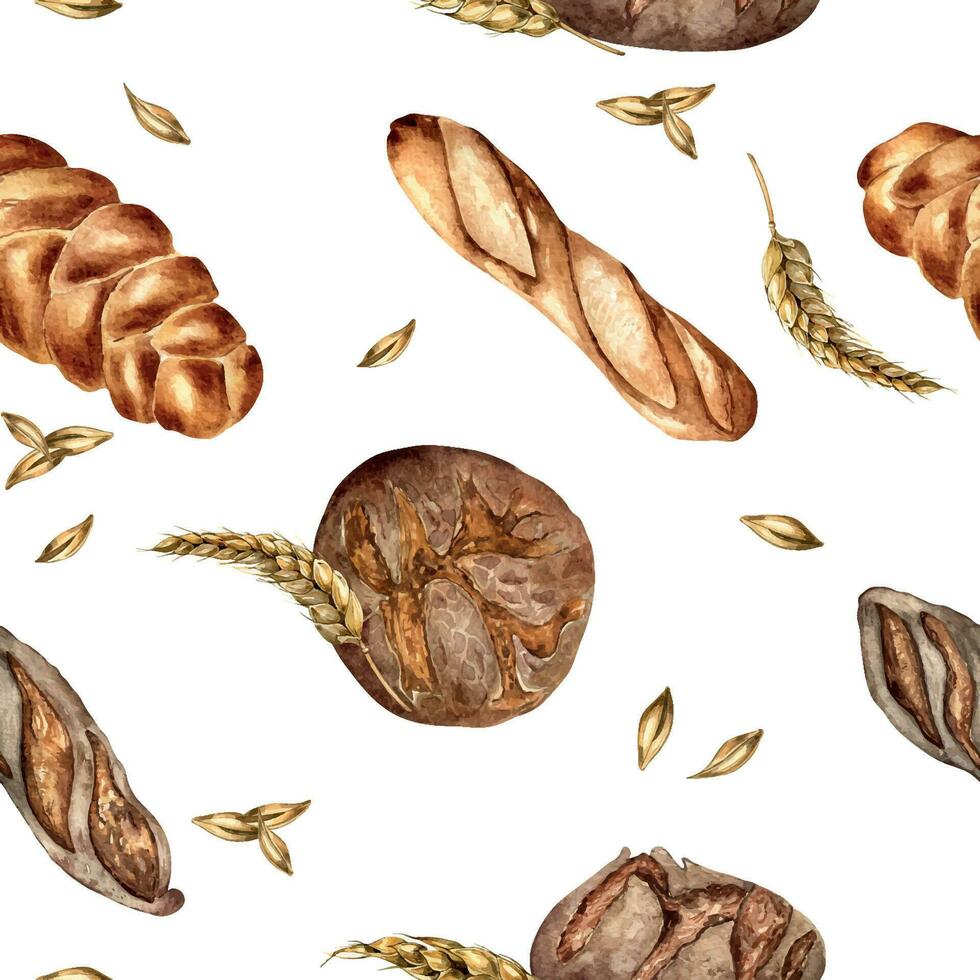 varietà pane acquerello senza soluzione di continuità modello isolato su bianca. mano disegnato segale pane, pagnotta per forno. dipinto segale di Grano. illustrazione di baguette. elemento per design Panetteria, pacchetto, commercio vettore