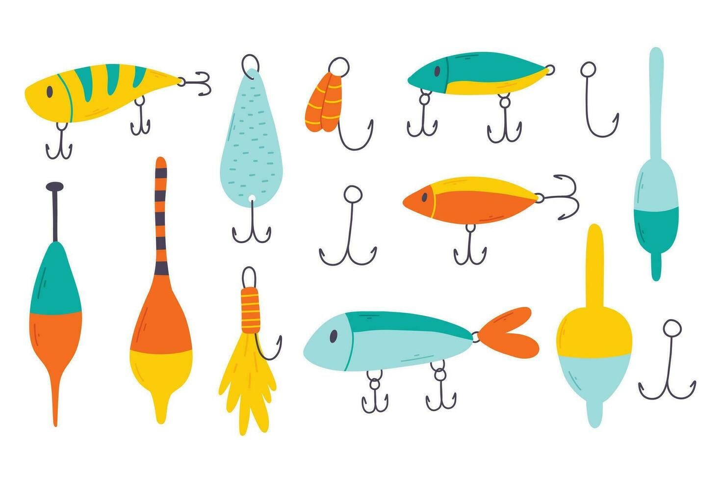 impostato di pesca affronta. mano disegnato collezione di pesca affronta e galleggia isolato su un' bianca sfondo. vettore illustrazione.