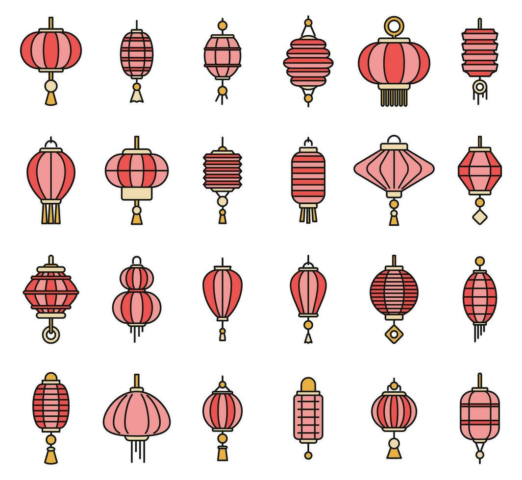 strada Cinese lanterna icone impostato vettore colore