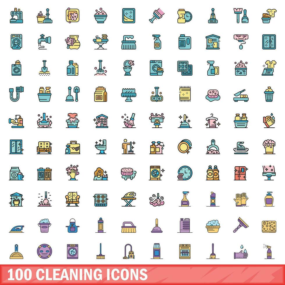 100 pulizia icone impostare, colore linea stile vettore