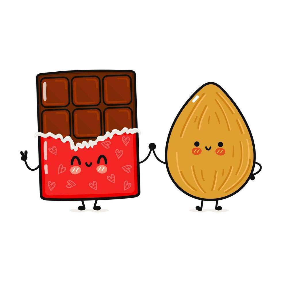 cioccolato e mandorla carattere. vettore mano disegnato cartone animato kawaii personaggi, illustrazione icona. divertente cartone animato contento cioccolato e mandorla amici