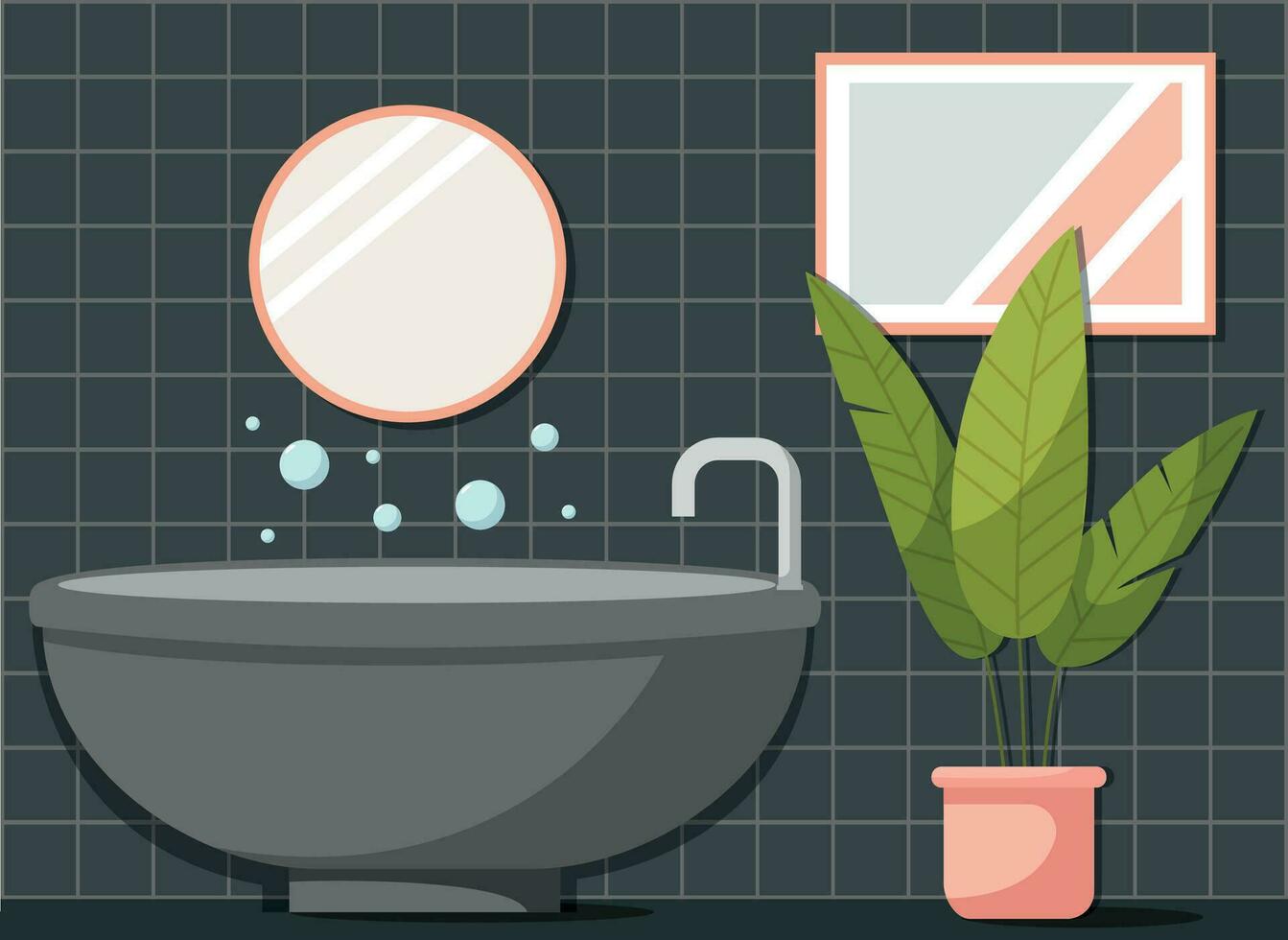 nero moderno bagno design con buio vasca da bagno, pianta della casa, immagine nel il piastrelle e specchio vettore