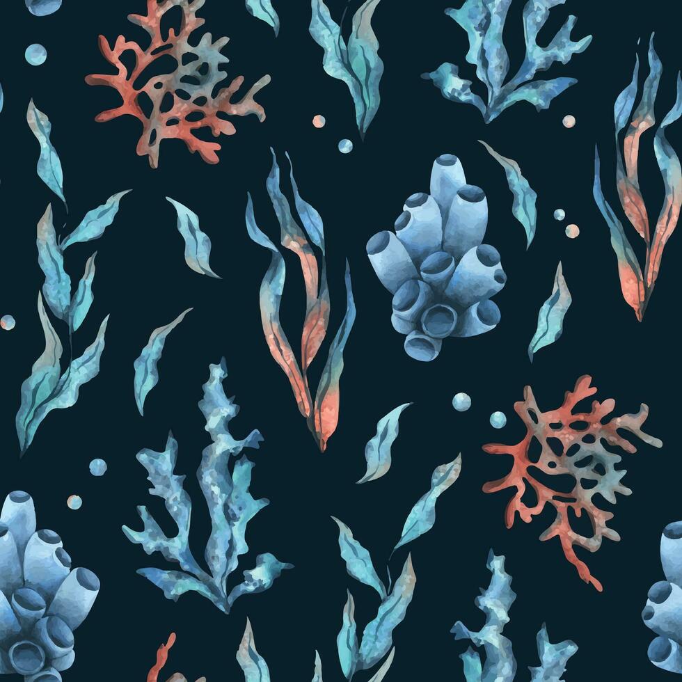 subacqueo mondo clipart con mare animali, bolle, corallo e alghe. mano disegnato acquerello illustrazione. senza soluzione di continuità modello su un' buio blu sfondo vettore eps