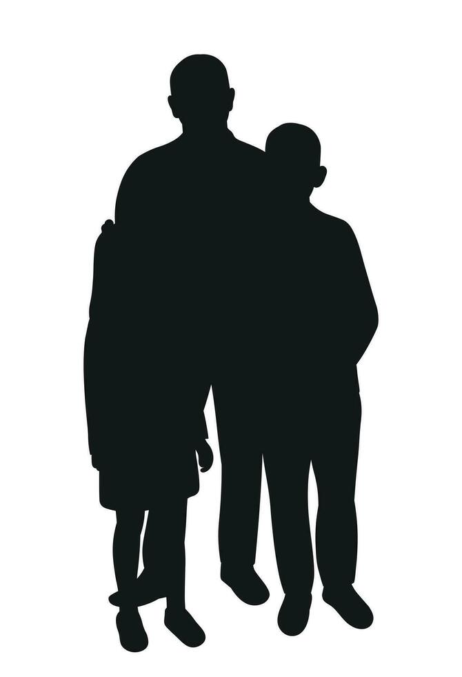 nero silhouette di un' padre con figlio e figlia in posa, isolato vettore