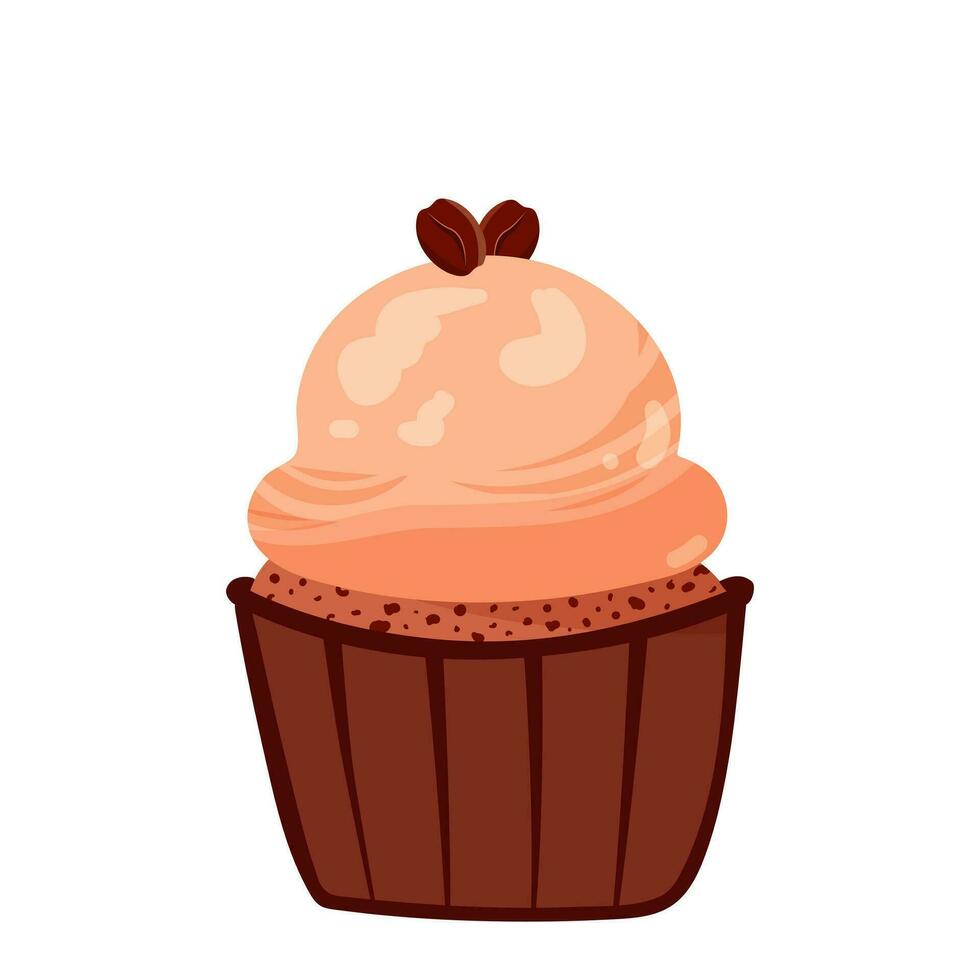 caffè Cupcake con ghiaccio crema e caffè fagioli. cibo illustrazione di delizioso Cupcake per caffè negozio, forno, bar. stampa su striscione, etichetta, per sito web vettore