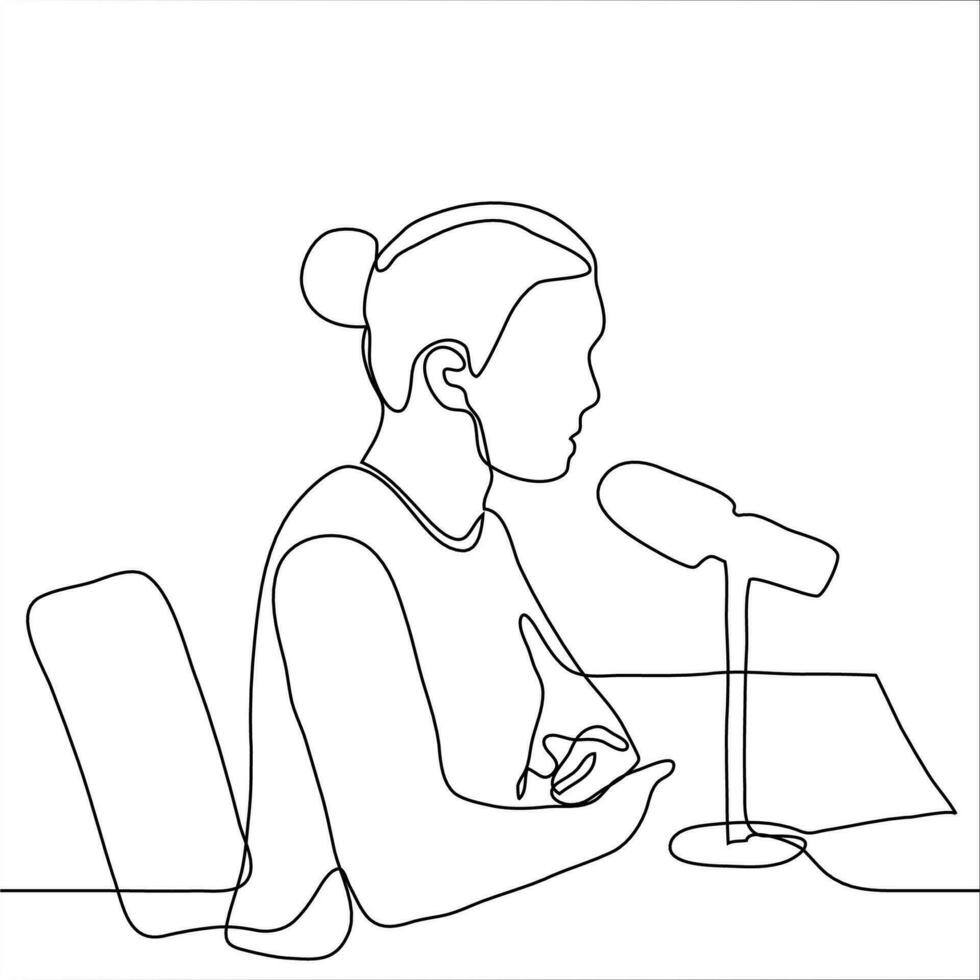 donna seduta a un' tavolo con un' microfono. uno continuo linea disegno un' donna, presentatore emittente su il Radio, registrazione un' podcast, dando un colloquio per un' Radio programma come un esperto vettore