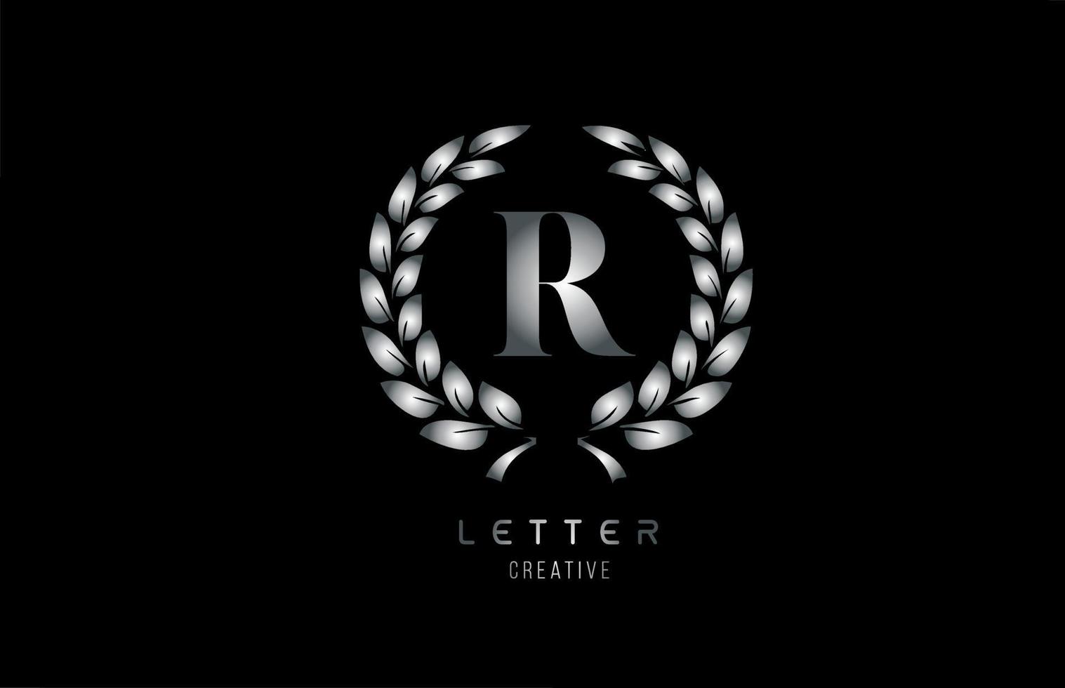 icona del logo della lettera dell'alfabeto in metallo grigio argento r con disegno floreale per azienda e affari vettore