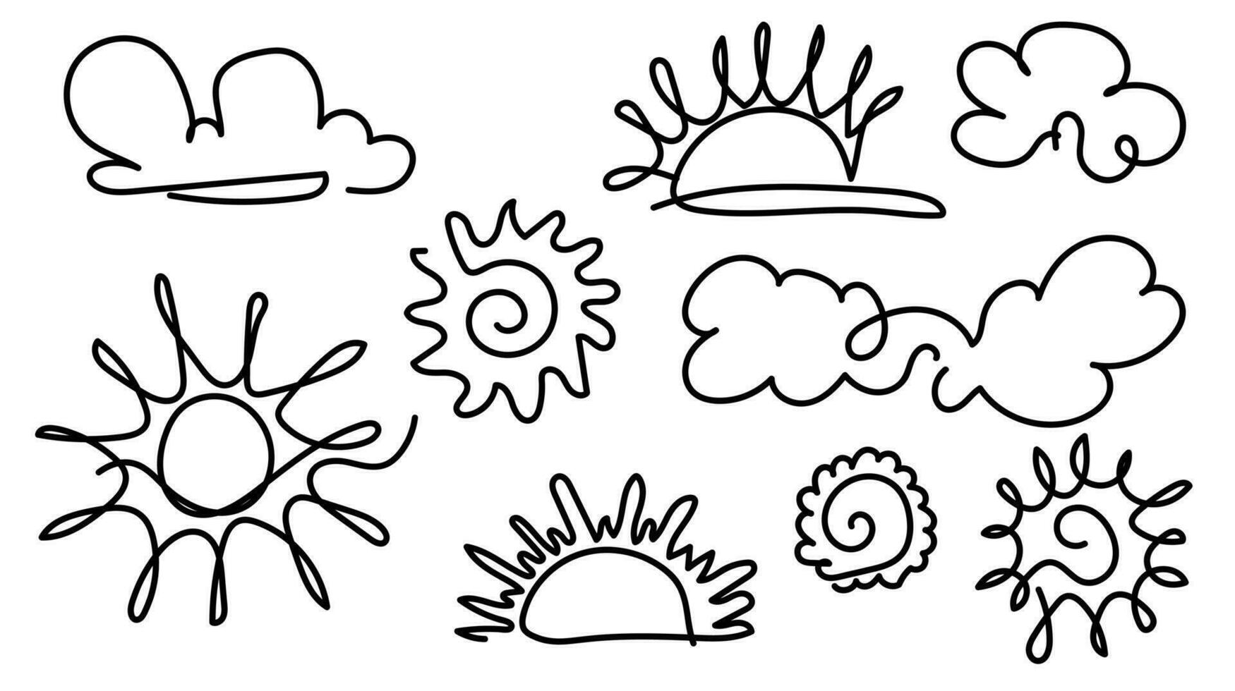 sole continuo uno linea disegno. scarabocchio illustrazione di sole e nuvole. vettore