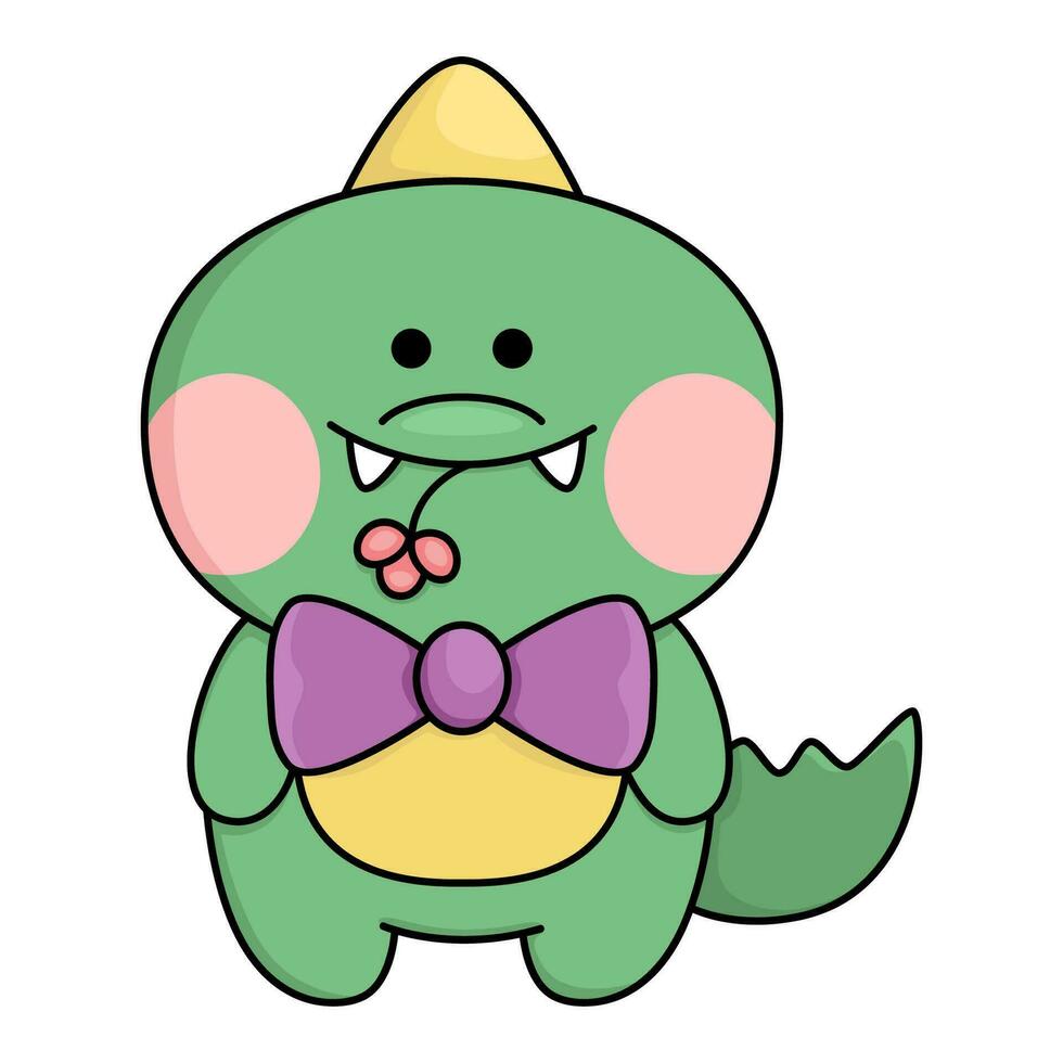 vettore kawaii Drago icona per bambini. carino animale illustrazione. divertente cartone animato carattere. adorabile verde coccodrillo clipart con arco e fiore nel il bocca