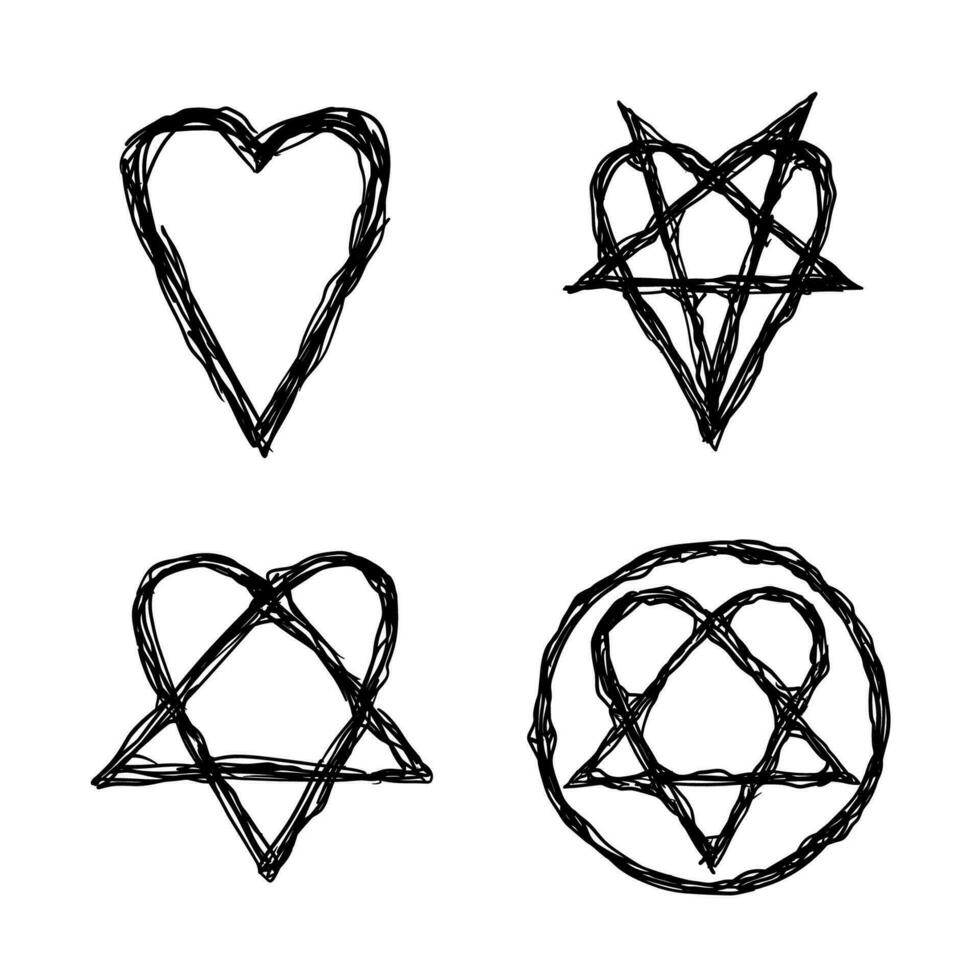 cuore pentagramma rovesciato heartagram cartello, simbolo di amore e odiare, pentagramma e rituale cerchio. emblemi e sigillo occulto simboli. vettore