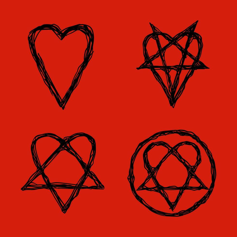 cuore pentagramma rovesciato heartagram cartello, simbolo di amore e odiare, pentagramma e rituale cerchio. emblemi e sigillo occulto simboli. vettore
