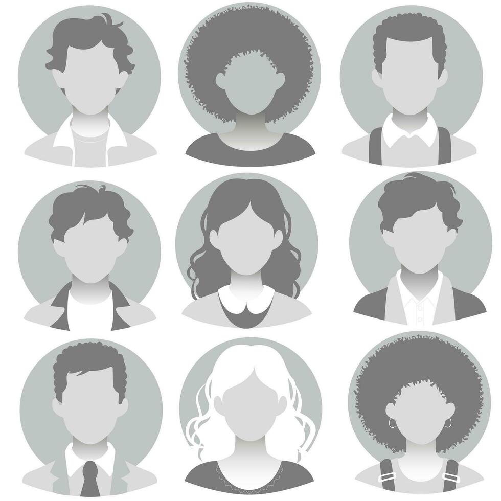 predefinito segnaposto avatar profilo isolato su bianca sfondo. uomo e donna vuoto profilo immagini. anonimo avatar silhouette. vettore illustrazione di sociale media utenti nel scala di grigi.