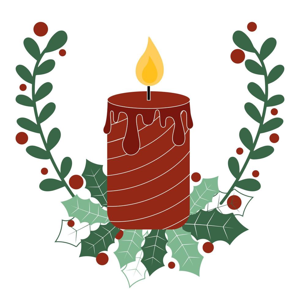 candela di natale con ramoscelli decidui e illustrazione vettoriale di agrifoglio