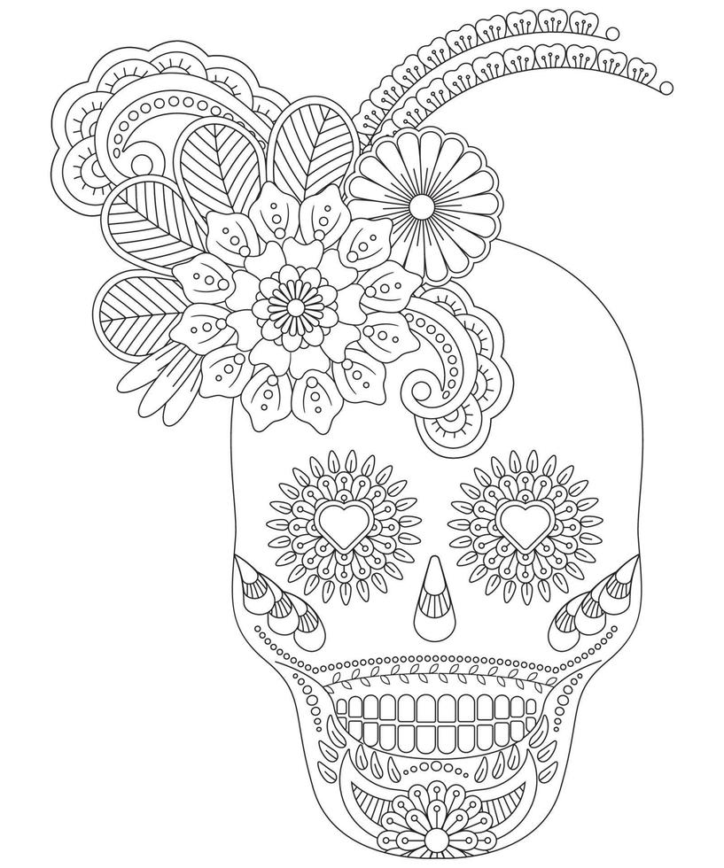 colorazione per adulto per il giorno dei morti. colorazione del cranio con stile floreale. vettore