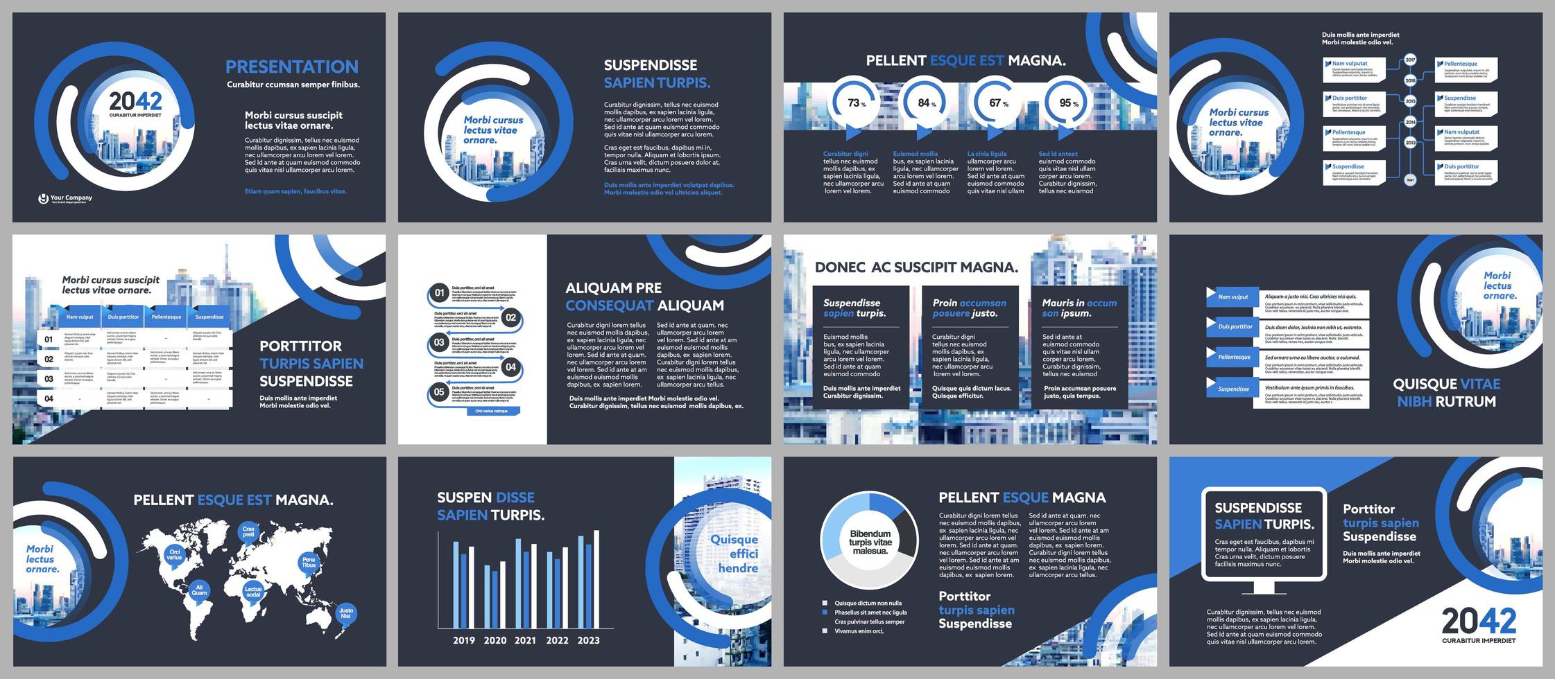 presentazione della società di affari sfondo città con modello di infographics. vettore