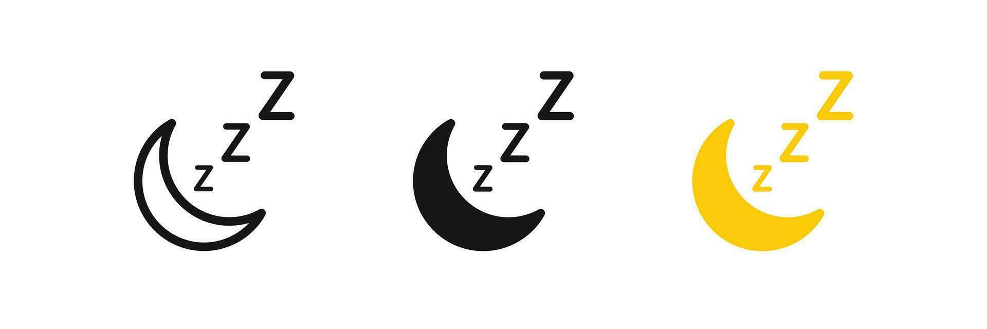 Luna dormire icona. riposo zzz simbolo. notte segni. di andare a dormire simboli. sognare concetto icone. Nero, giallo colore. vettore isolato cartello.