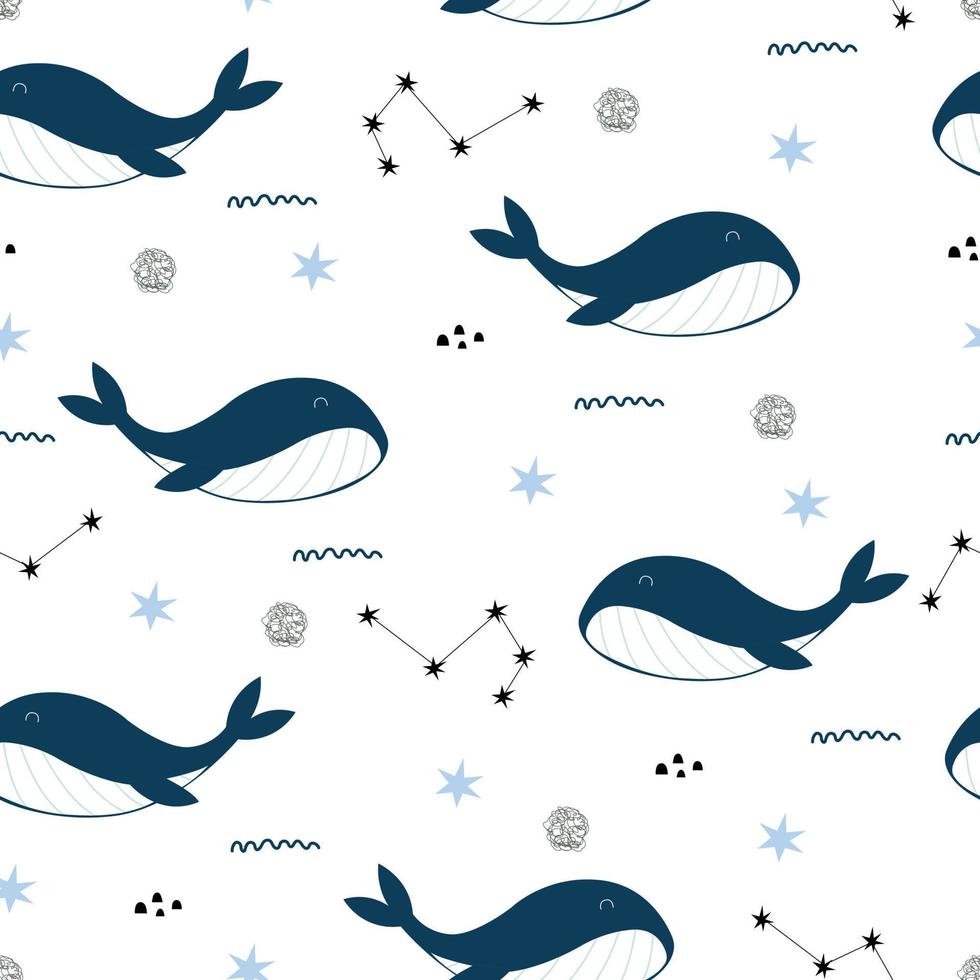 modello senza cuciture balena blu sfondo animale marino disegno disegnato a mano in stile cartone animato utilizzato per tessuti, modelli di abbigliamento, stampe, sfondi illustrazione vettoriale