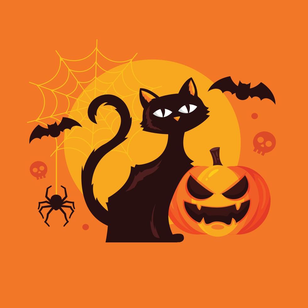 felice giorno di halloween, pipistrello e ragno sul testo, zucca carina sorriso spaventoso spettrale e festa del gatto nero isolato su sfondo bianco, illustrazione vettoriale, elemento segno vettore