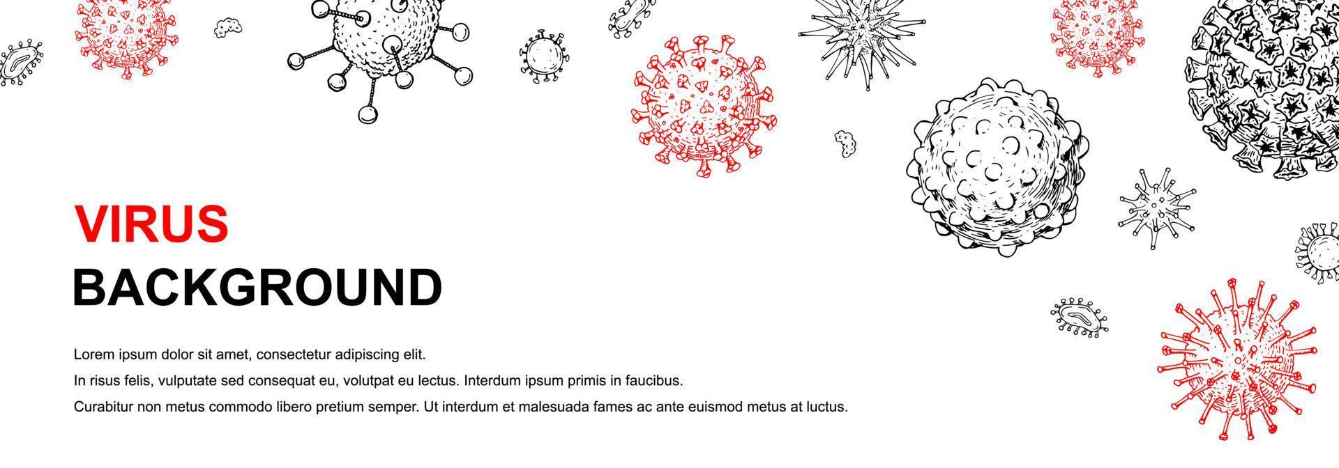 banner virus orizzontale con elementi di design disegnati a mano. virus del microscopio da vicino. illustrazione vettoriale in stile schizzo. covid-2019