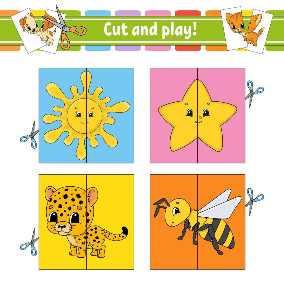 taglia e gioca. schede flash. puzzle di colore. foglio di lavoro per lo sviluppo dell'istruzione. pagina delle attività. gioco per bambini. personaggio divertente. illustrazione vettoriale isolato. stile cartone animato.