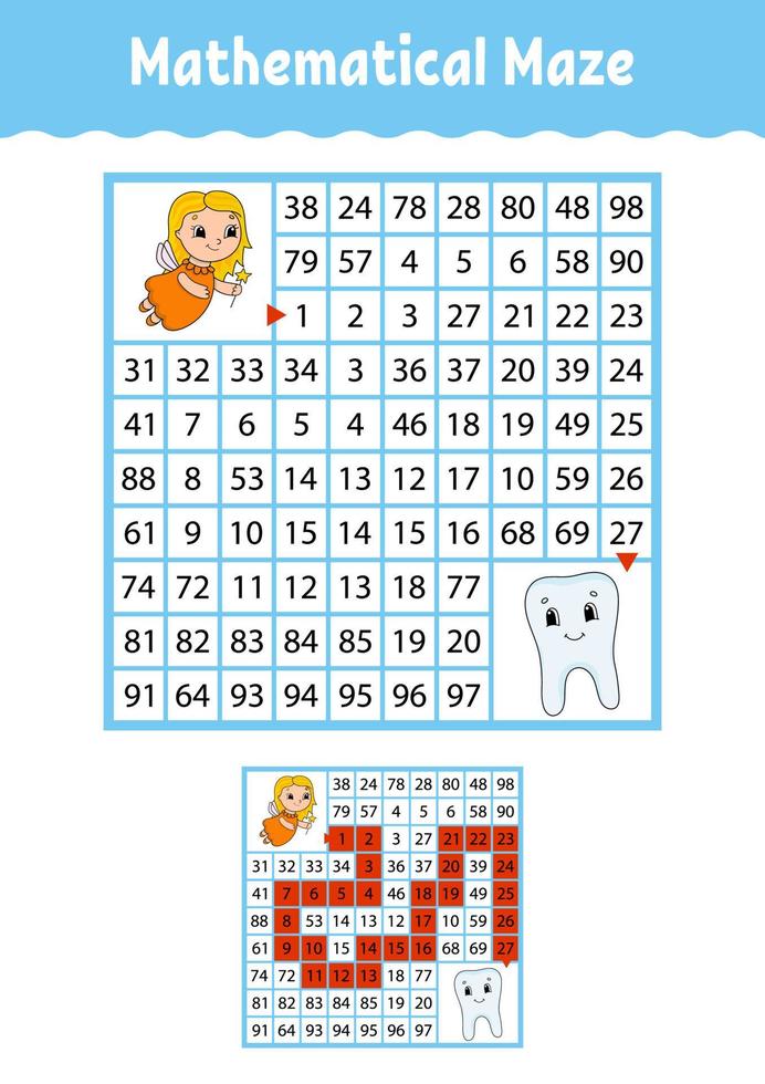 labirinto matematico. gioco per bambini. labirinto divertente. foglio di lavoro per lo sviluppo dell'istruzione. pagina delle attività. puzzle per bambini. stile cartone animato. indovinello per la scuola materna. illustrazione vettoriale a colori